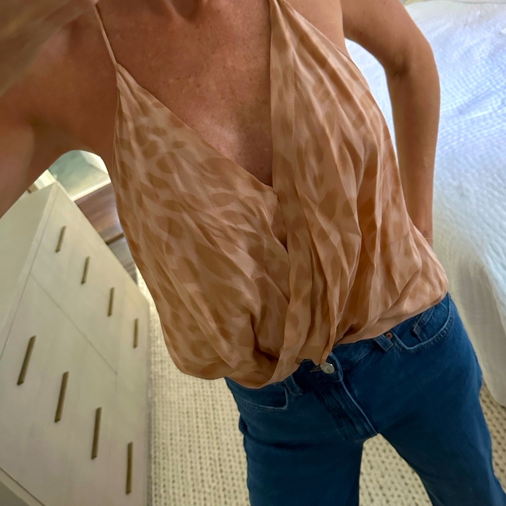 Nude tan leopard print silk wrap top